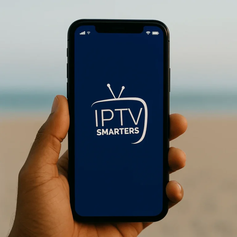 Smartphone displaying IPTV Smarters Pro logo outdoors on a sunny day