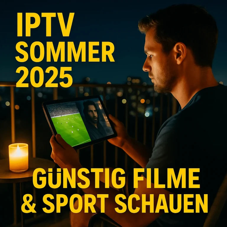 Man on balcony at night watching IPTV on a tablet with German promo text for summer 2025.
