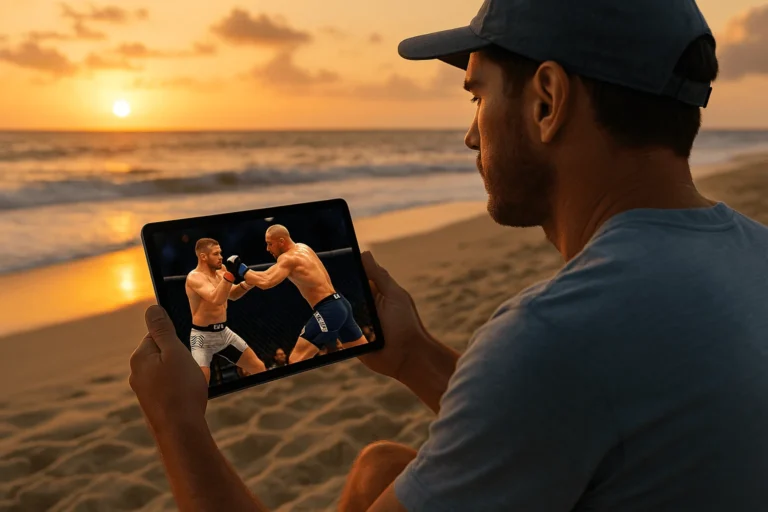 Hombre viendo una pelea de UFC en su tablet en la playa al atardecer