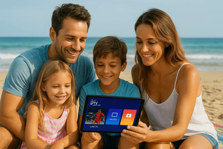 Familia viendo películas y deportes en la tablet con IPTV Smarters Pro durante vacaciones