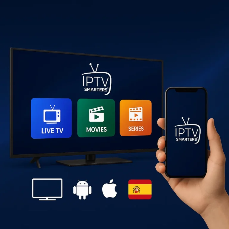 Imagen promocional IPTV Smarters Pro en España mostrando Smart TV y smartphone con la app y bandera española en la parte inferior