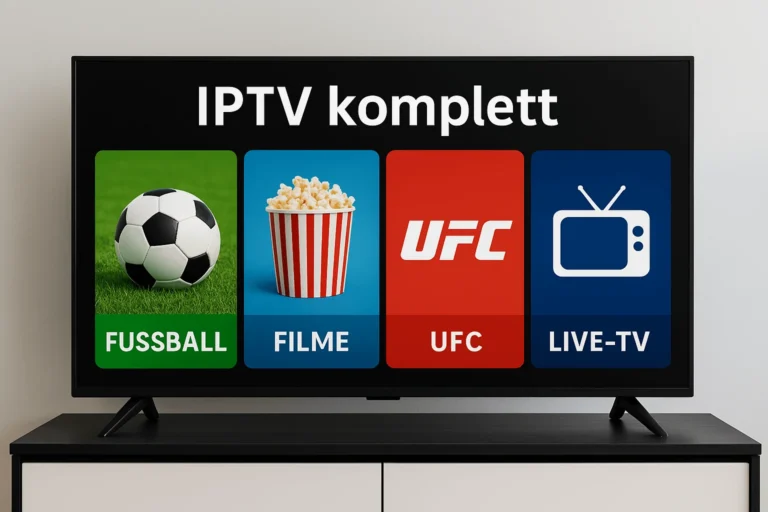 IPTV interface on smart TV screen showing Fußball, Filme, UFC, and Live-TV options