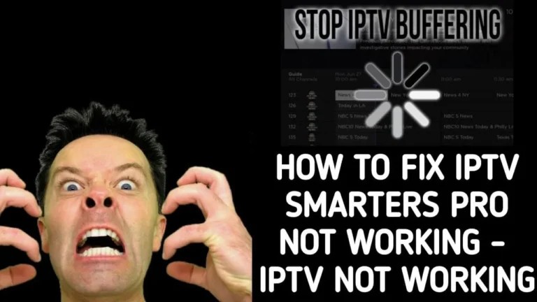 Frustrated man with clenched fists and angry face next to text "How to Fix IPTV Smarters Pro Not Working – IPTV Not Working" with buffering icon