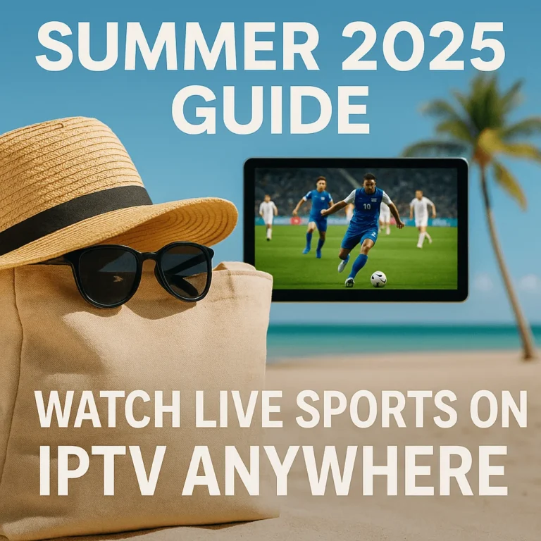 Promotional image showing a tablet playing a soccer match on a sunny beach beside a summer bag, sunglasses, and straw hat, with text “Watch Live Sports on IPTV Anywhere”
