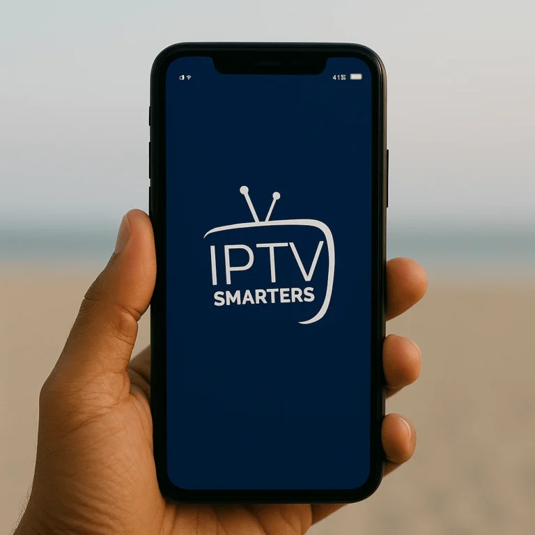 Smartphone with IPTV Smarters Pro logo held in hand on a beach background