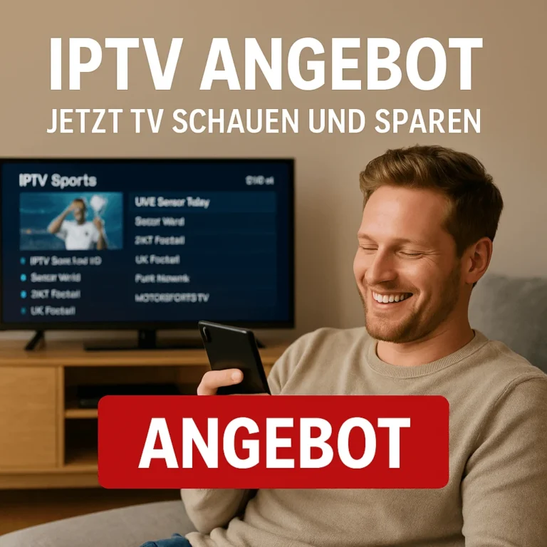 Mann nutzt IPTV auf dem Handy, TV im Hintergrund mit Sportkanälen, Text "IPTV ANGEBOT – Jetzt TV schauen und sparen"