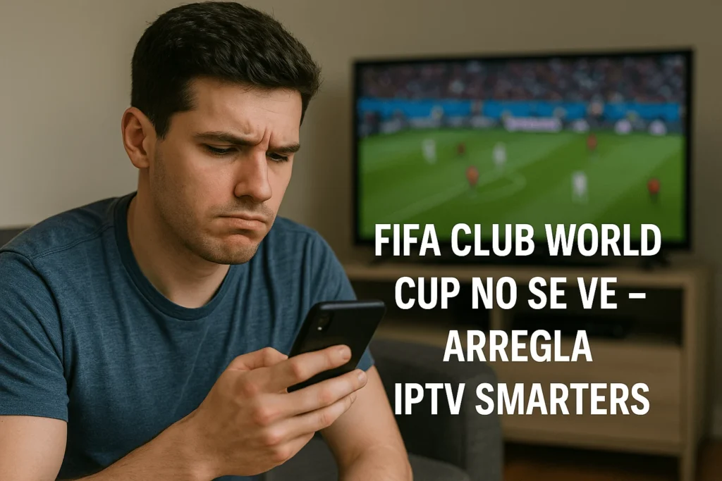 Hombre joven mirando su celular con frustración, fútbol en TV