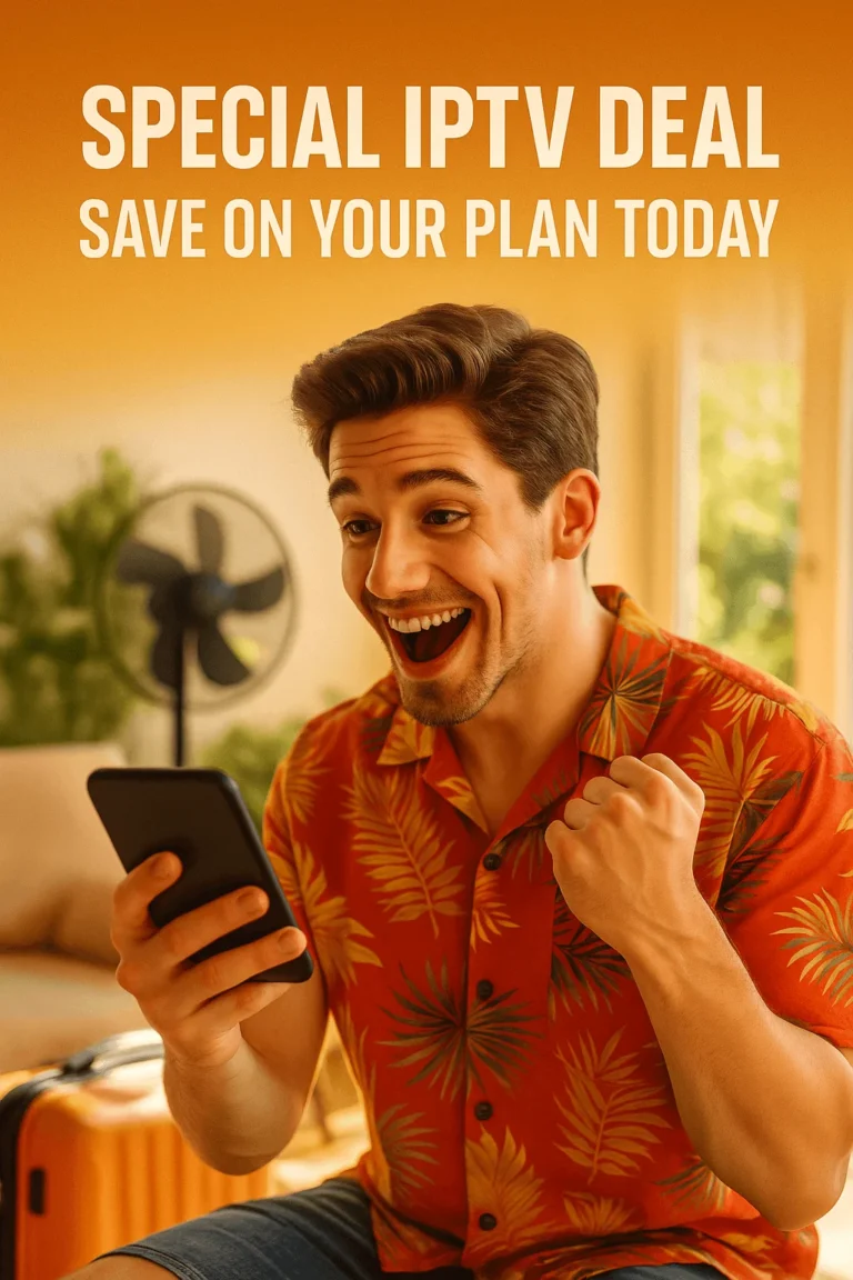 Young man relaxing on a hotel bed while watching IPTV on his phone, with a suitcase and sunglasses nearby – promoting summer IPTV deals