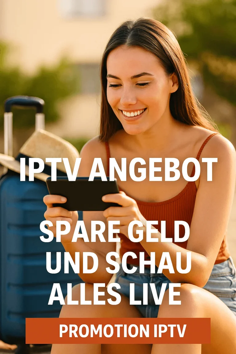 Jeune femme souriante regarde la TV sur son smartphone avec IPTV, valise et chapeau à côté – ambiance estivale et vacances