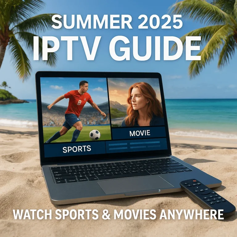 Realistic photo of a laptop on a beach streaming sports and movies via IPTV in Summer 2025.