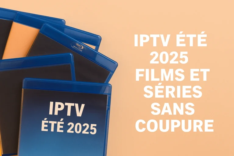 Affiche promotionnelle IPTV pour l'été 2025 avec boîtiers Blu-ray et texte blanc