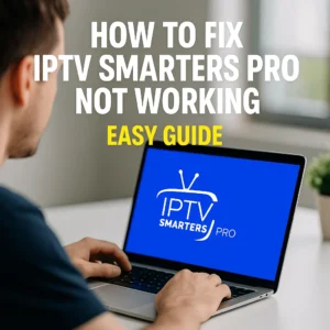 Person troubleshooting IPTV Smarters Pro app on laptop with error fix guide on screen