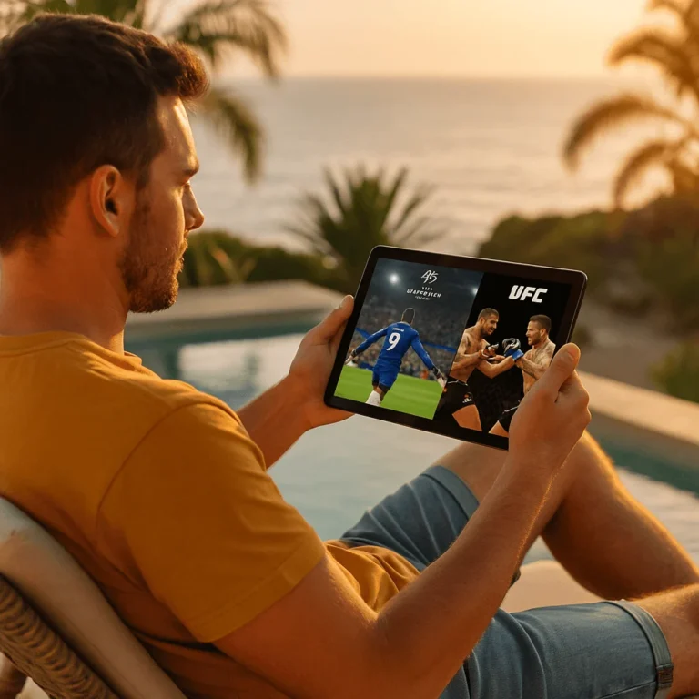 Hombre viendo fútbol y UFC en 4K en su tablet durante las vacaciones con IPTV Smarters Pro