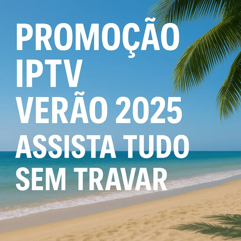 Tropical beach scene with Portuguese text promoting IPTV summer 2025 deal.