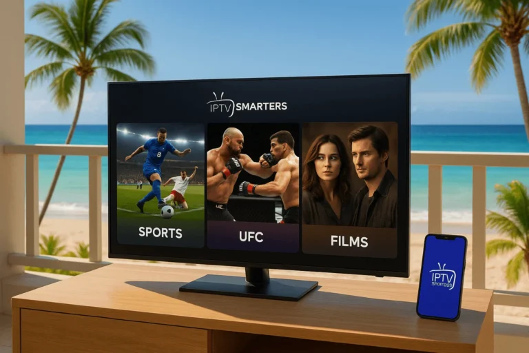 IPTV Smarters Pro com seções de futebol, UFC e filmes exibido em TV e celular em uma varanda com vista para o mar
