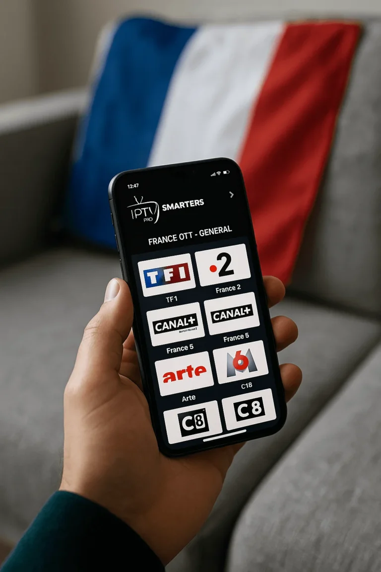 Person watching French TV with IPTV Smarters Pro on a smartphone abroad