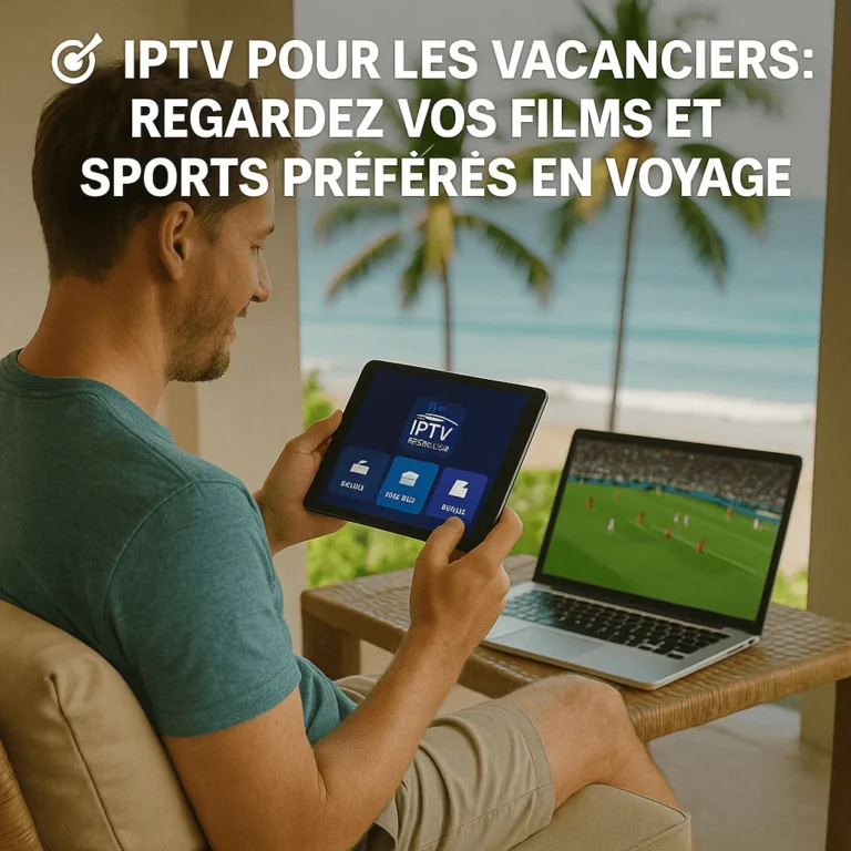 Homme en vacances utilisant IPTV sur tablette avec un match de football affiché sur PC portable, palmiers et plage tropicale en arrière-plan