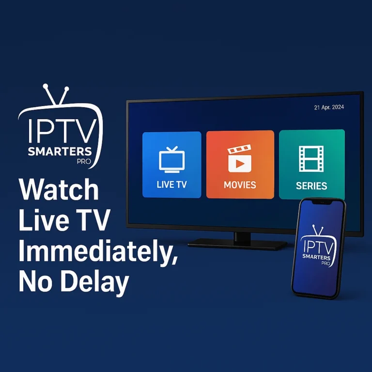 Promotional IPTV Smarters Pro image showing Smart TV and smartphone with colorful icons for Live TV, Movies, and Series