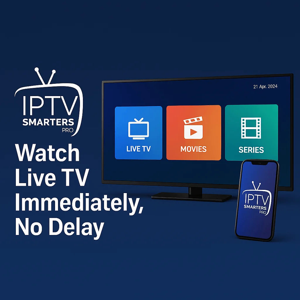 Promotional IPTV Smarters Pro image showing Smart TV and smartphone with colorful icons for Live TV, Movies, and Series