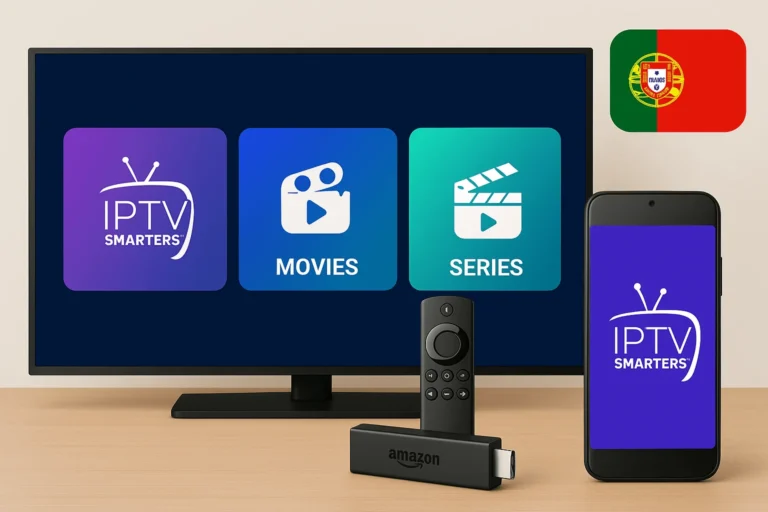 Imagem promocional IPTV Smarters Pro em Portugal mostrando Smart TV, Fire Stick e smartphone com a aplicação e bandeira portuguesa