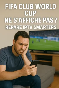 Homme regarde son téléphone avec inquiétude, FIFA à la TV