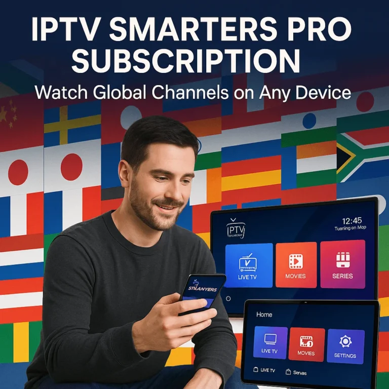 Man using IPTV Smarters Pro on phone with TV and tablet, background of world flags