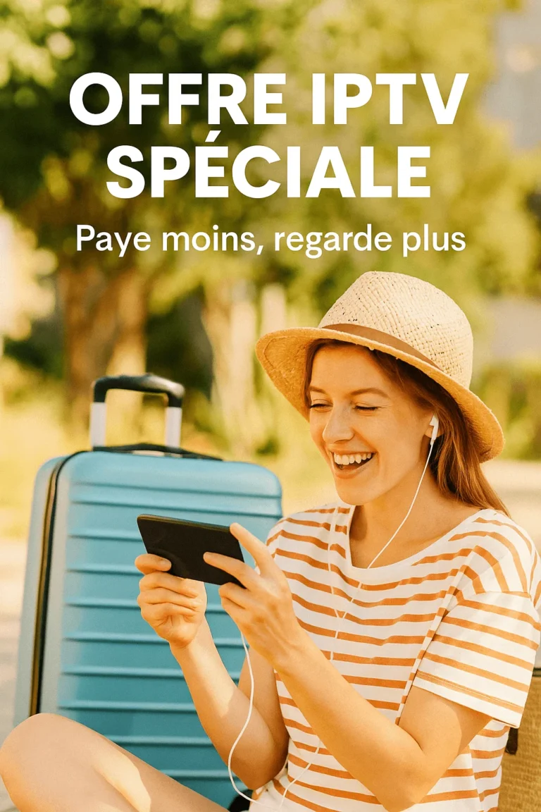 Jeune femme souriante regardant IPTV sur son smartphone en extérieur, valise bleue à côté, ambiance d’été.