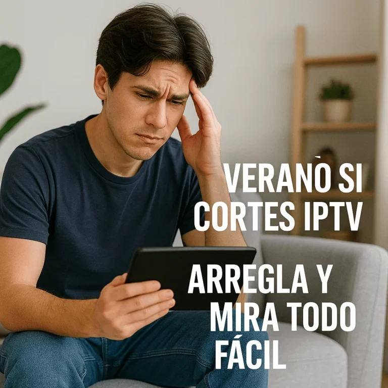 Man looking frustrated at tablet while streaming, with Spanish IPTV summer promo text on the side.