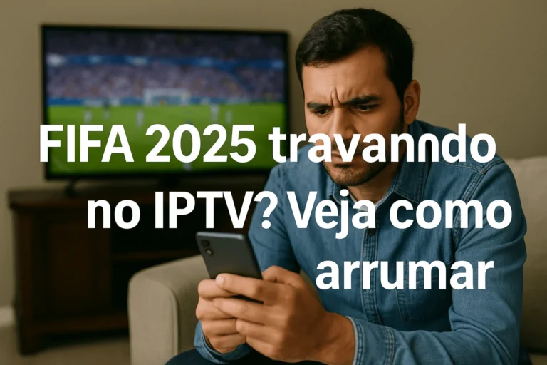 Homem olhando com raiva para o celular com FIFA 2025 na TV