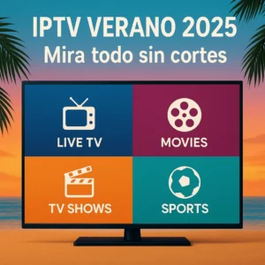 Pantalla de TV con interfaz de IPTV frente a una playa tropical al atardecer