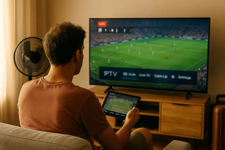 Homme regarde le sport en direct sur IPTV à la maison avec ventilateur d’été – ambiance chaude, écran TV avec match visible