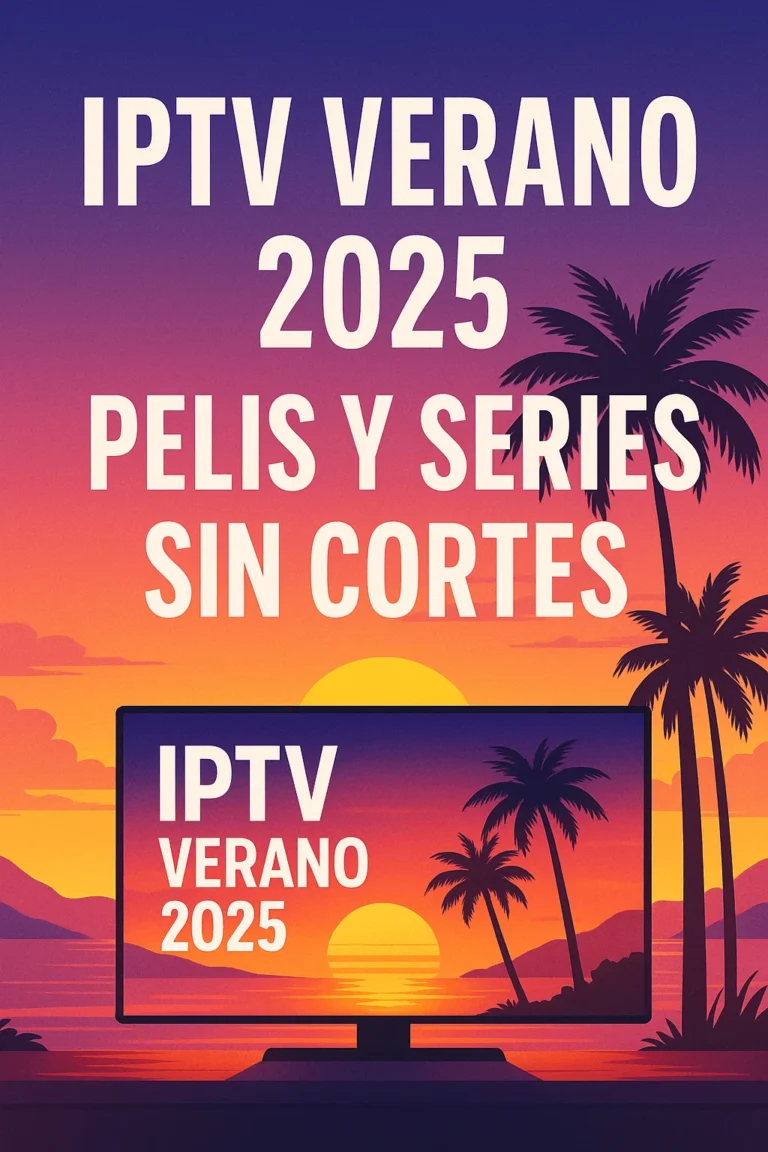 Imagen promocional de IPTV con fondo de playa al atardecer, texto grande que dice "IPTV VERANO 2025 PELIS Y SERIES SIN CORTES"