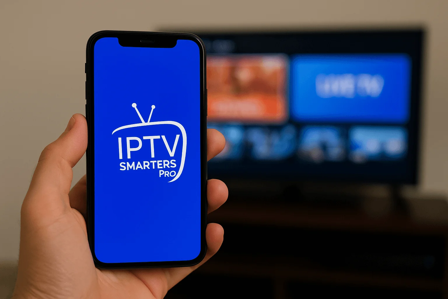 Smartphone mostrando IPTV Smarters Pro frente a una TV con secciones de películas y TV en directo
