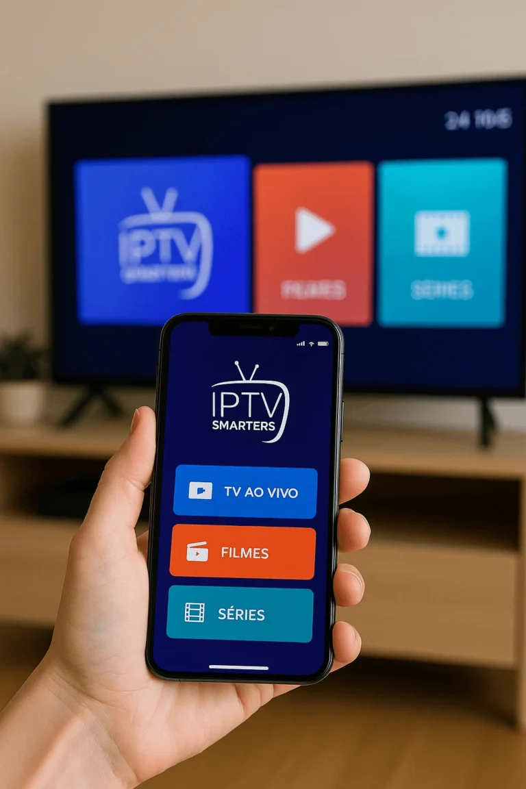 Smartphone mostrando a aplicação IPTV Smarters Pro com opções de TV ao Vivo, Filmes e Séries