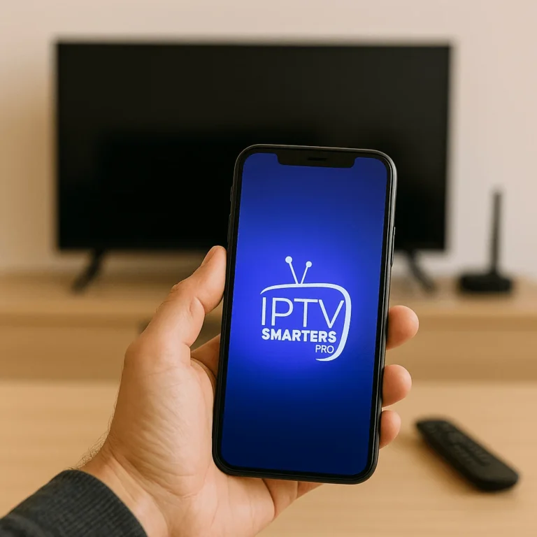 Smartphone com logo IPTV Smarters Pro em foco, diante de uma Smart TV e router sobre móvel moderno