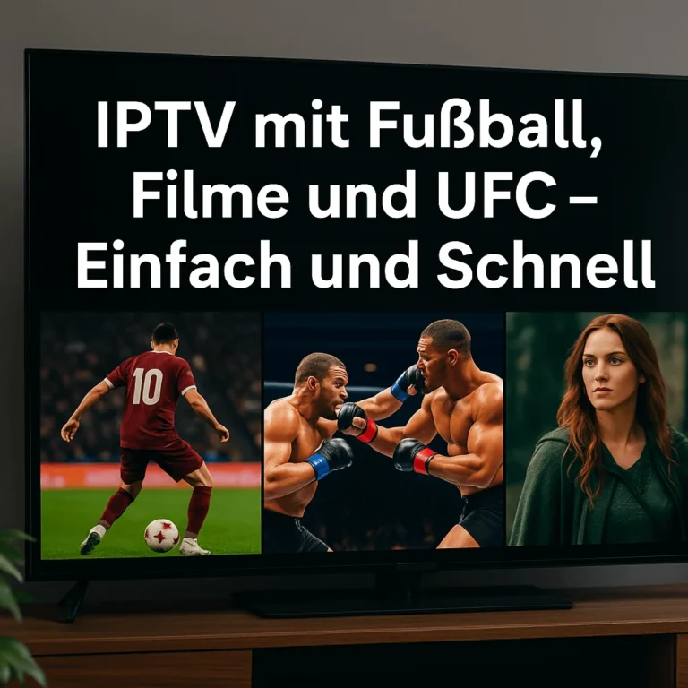 Smart TV mit IPTV-Bildschirm zeigt Fußball, UFC und Filme mit Werbetext auf Deutsch