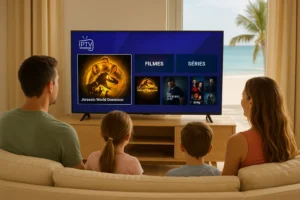 Família assistindo filmes e séries com IPTV Smarters Pro em um local de férias com vista para a praia