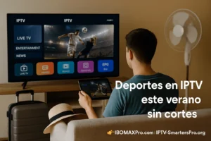 Hombre viendo deportes en IPTV desde el sofá con ventilador de verano – pantalla mostrando partido en directo