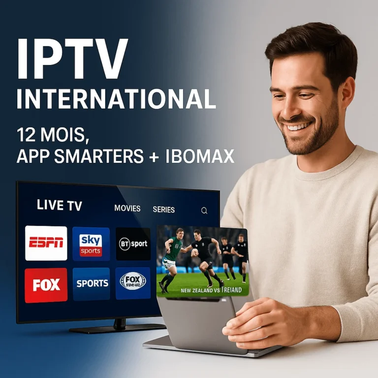 Jeune femme souriante regarde la télévision en direct sur une application IPTV à la maison avec une interface Smarters Pro visible sur l'écran