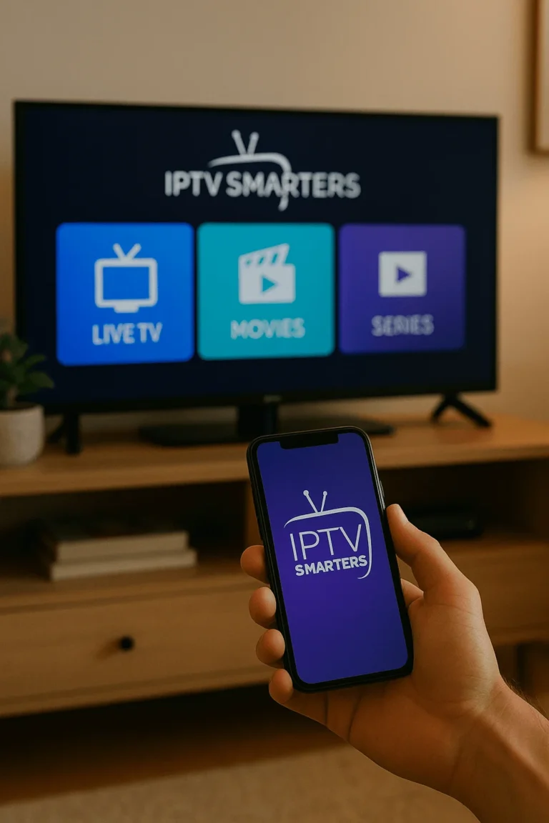 Photo réaliste montrant l’interface IPTV Smarters Pro sur une Smart TV avec icônes TV en Direct, Films, Séries, et un smartphone affichant le logo de l’application