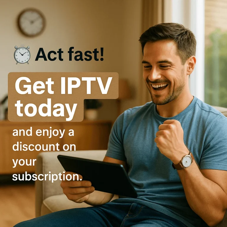 Young man enjoying IPTV on a smart TV at home, vibrant promo banner highlights a discount for fast sign-ups – modern indoor setting with relaxed summer ambiance