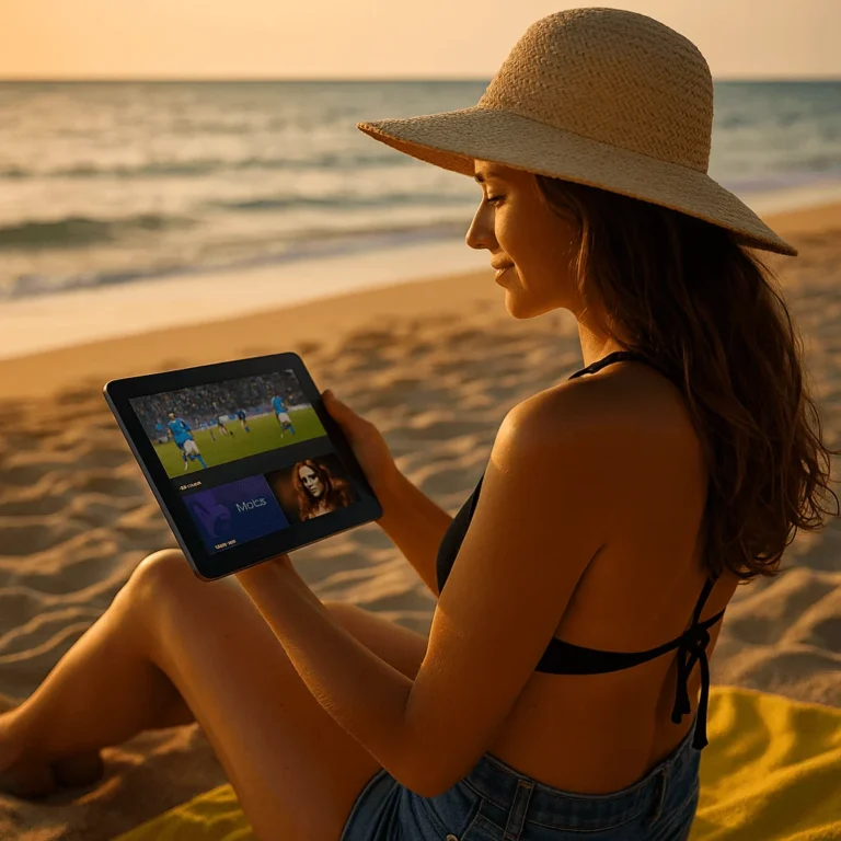Woman watching IPTV sports and movies on tablet at the beach during summer