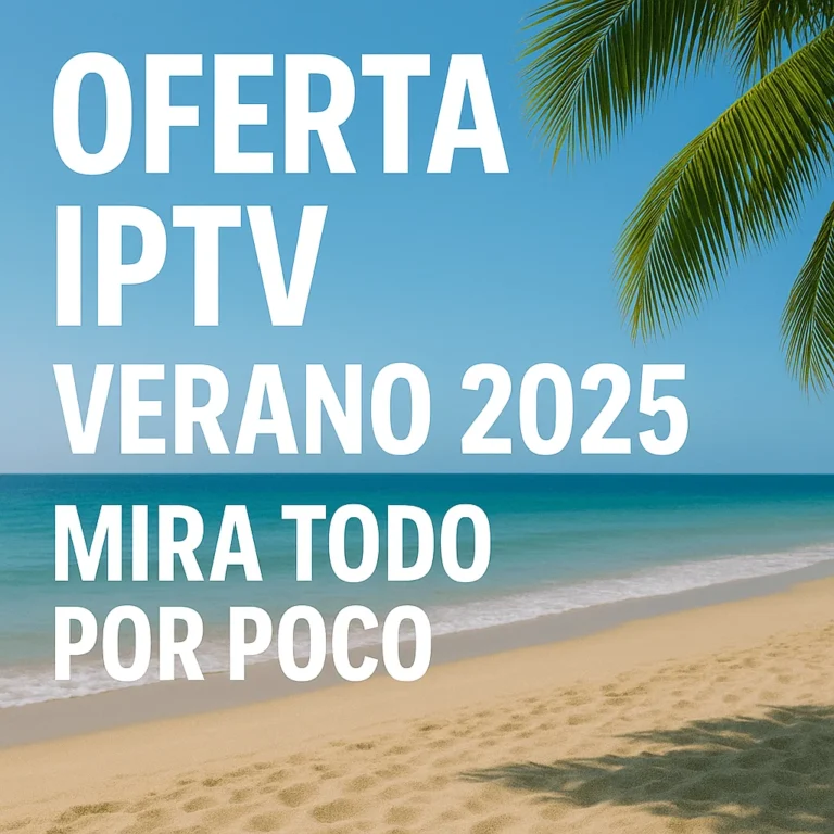 Tropical beach with Spanish text promoting IPTV summer 2025 offer.