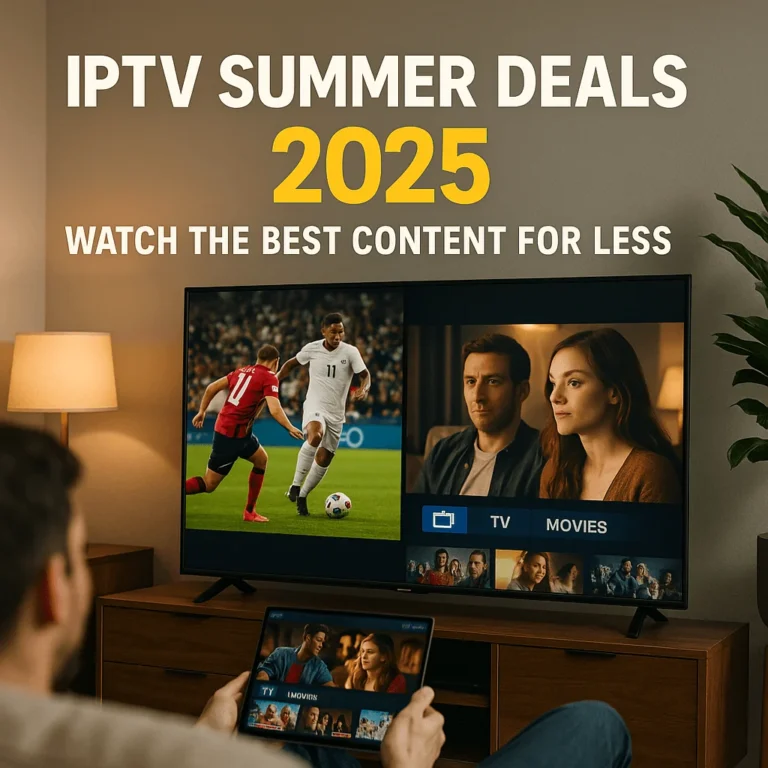 IPTV Summer Deals 2025 promotion shown on a smart TV in a cozy living room, with sports and movie content streaming.