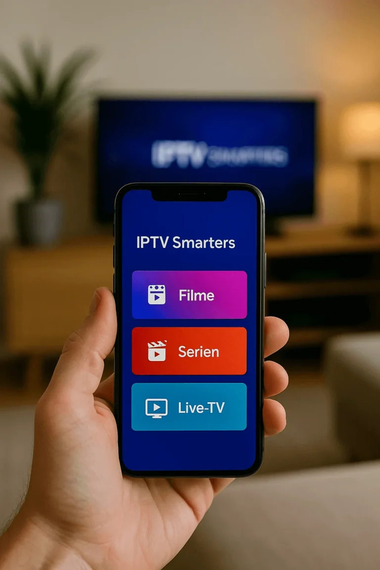 Smartphone mit IPTV Smarters Pro App in der Hand, Optionen für Filme, Serien und Live-TV sichtbar