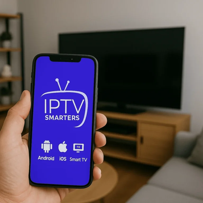 Smartphone mostrando IPTV Smarters Pro con iconos de Android, iOS y Smart TV