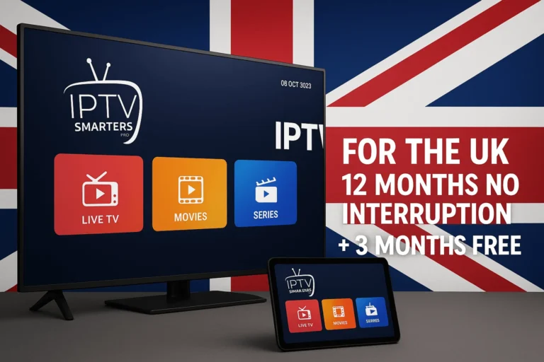 Smart TV with IPTV Smarters Pro interface in front of UK flag, tablet showing same app