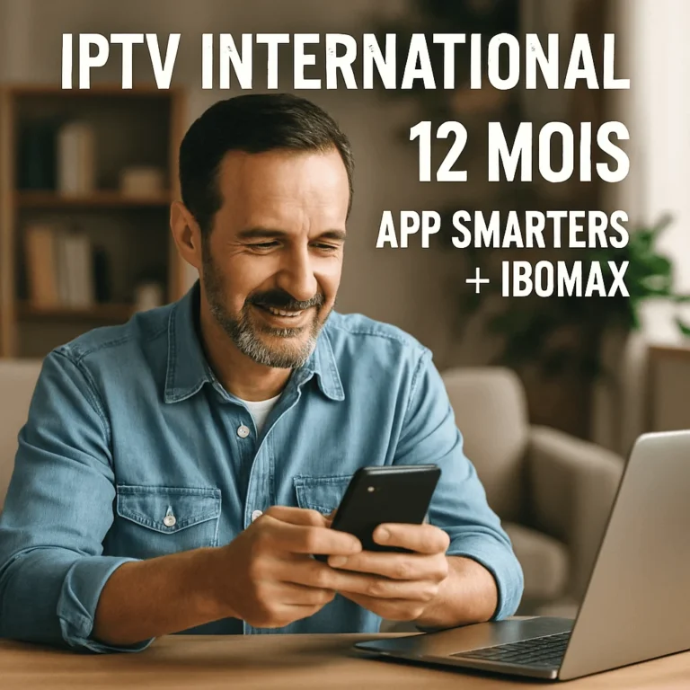 homme regardant l'application IPTV Smarters Pro sur son smartphone, ambiance détendue avec valise à l'arrière