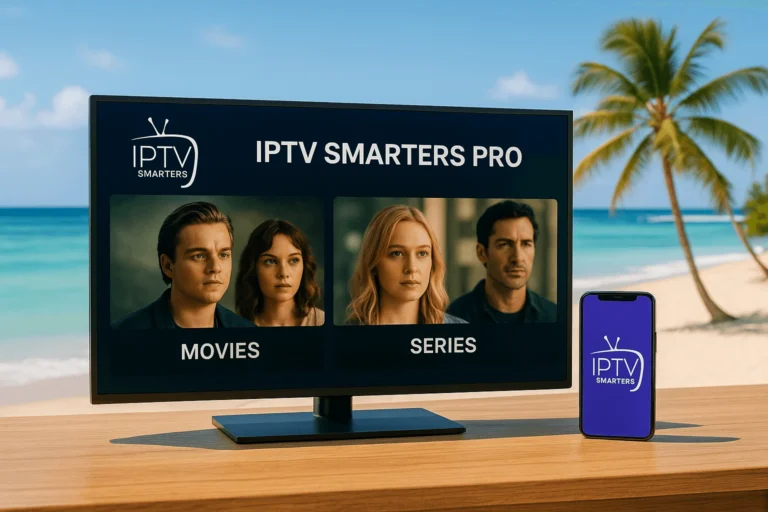 IPTV Smarters Pro zeigt Filme und Serien auf Fernseher und Handy mit sommerlichem Hintergrund